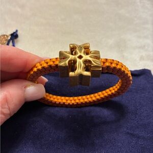 Tory Burch Braided Leather Bracelet in Orange and Brown with Gold Logo Hardware